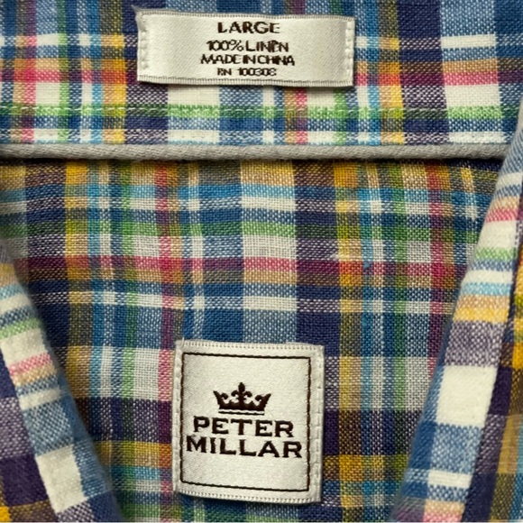 Peter Millar Shirt Mens Size L Long Sleeve Button 100% Linen Plaid Multicolor - Picture 4 of 4